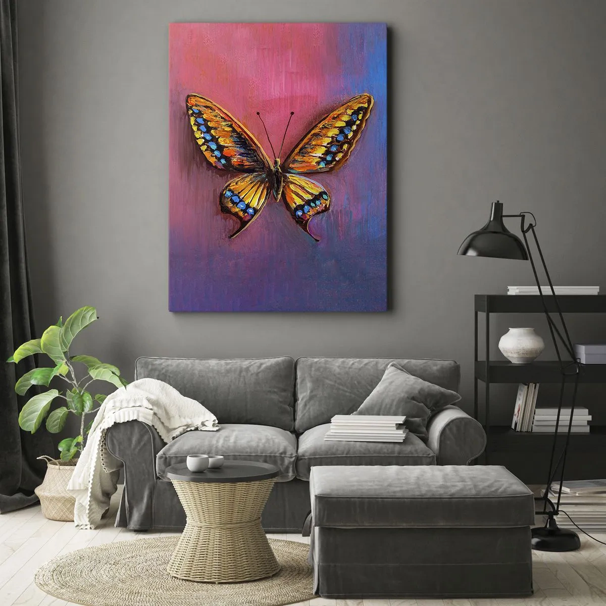 Impression sur toile - Image sur toile - Papillon coloré sur un fond abstrait - 50x70cm - Un joyau de la nature - Décoration murale moderne pour le salon et la chambre ARTTOR