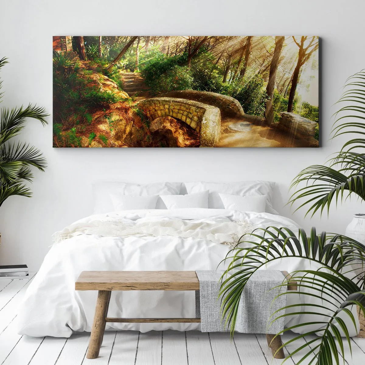 Impression sur toile - Image sur toile - Paysage forestier avec des rayons de soleil et un pont de pierre - 120x50cm - Directement du pont dans une forêt de conte de fées - Décoration murale moderne pour le salon et la chambre ARTTOR