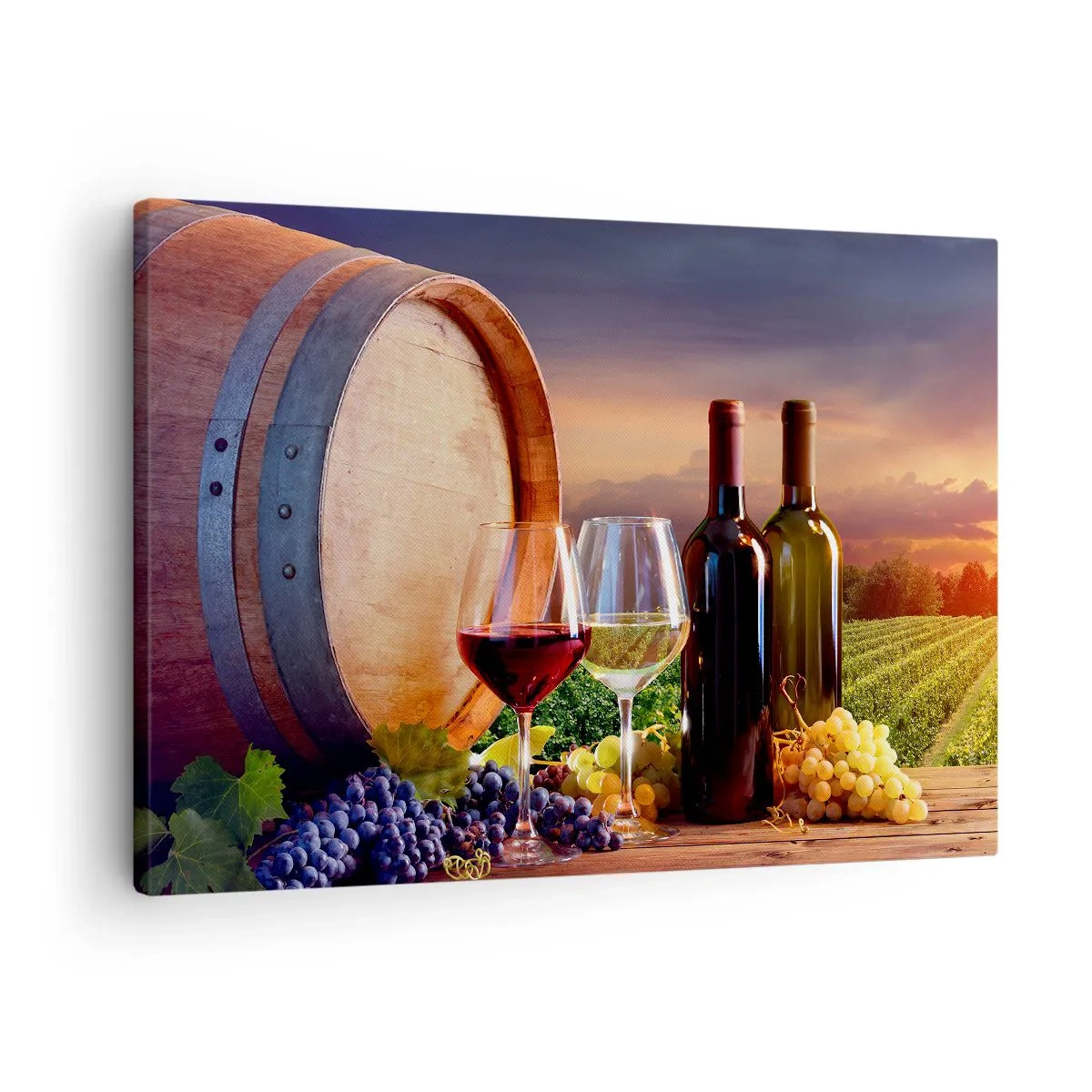 Impression sur toile - Image sur toile - Du vin, des verres et un tonneau dans un paysage pittoresque - 70x50cm - Ici la vie a du goût - Décoration murale moderne pour le salon et la chambre ARTTOR