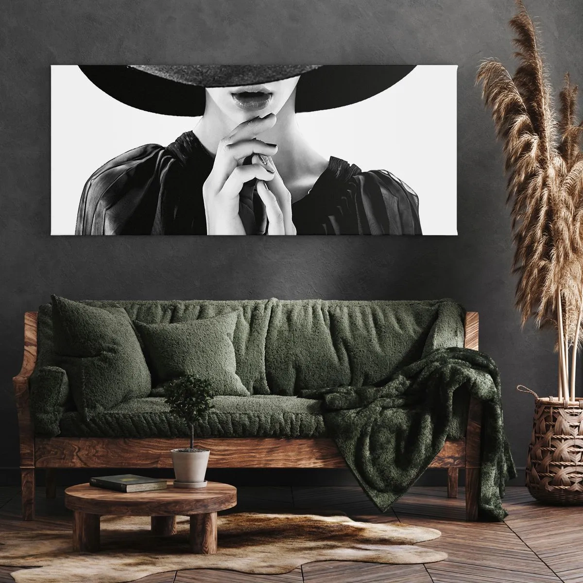 Impression sur toile - Image sur toile - Femme élégante portant un grand chapeau dans des tons de noir et blanc - 160x50cm - Beauté cachée - Décoration murale moderne pour le salon et la chambre ARTTOR