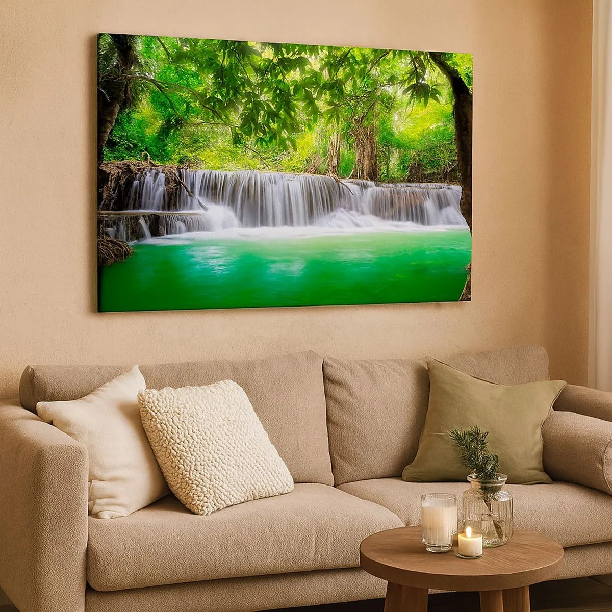 Impression sur toile - Image sur toile - Une cascade verte entourée d'une végétation tropicale dense - 70x50cm - Une cascade de vert - Décoration murale moderne pour le salon et la chambre ARTTOR