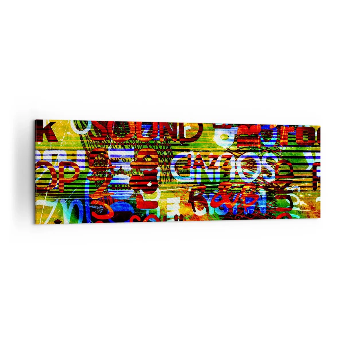 Impression sur toile - Image sur toile - Abstraction colorée avec des inscriptions musicales dans un style pop art - 160x50cm - Toutes les nuances du son - Décoration murale moderne pour le salon et la chambre ARTTOR