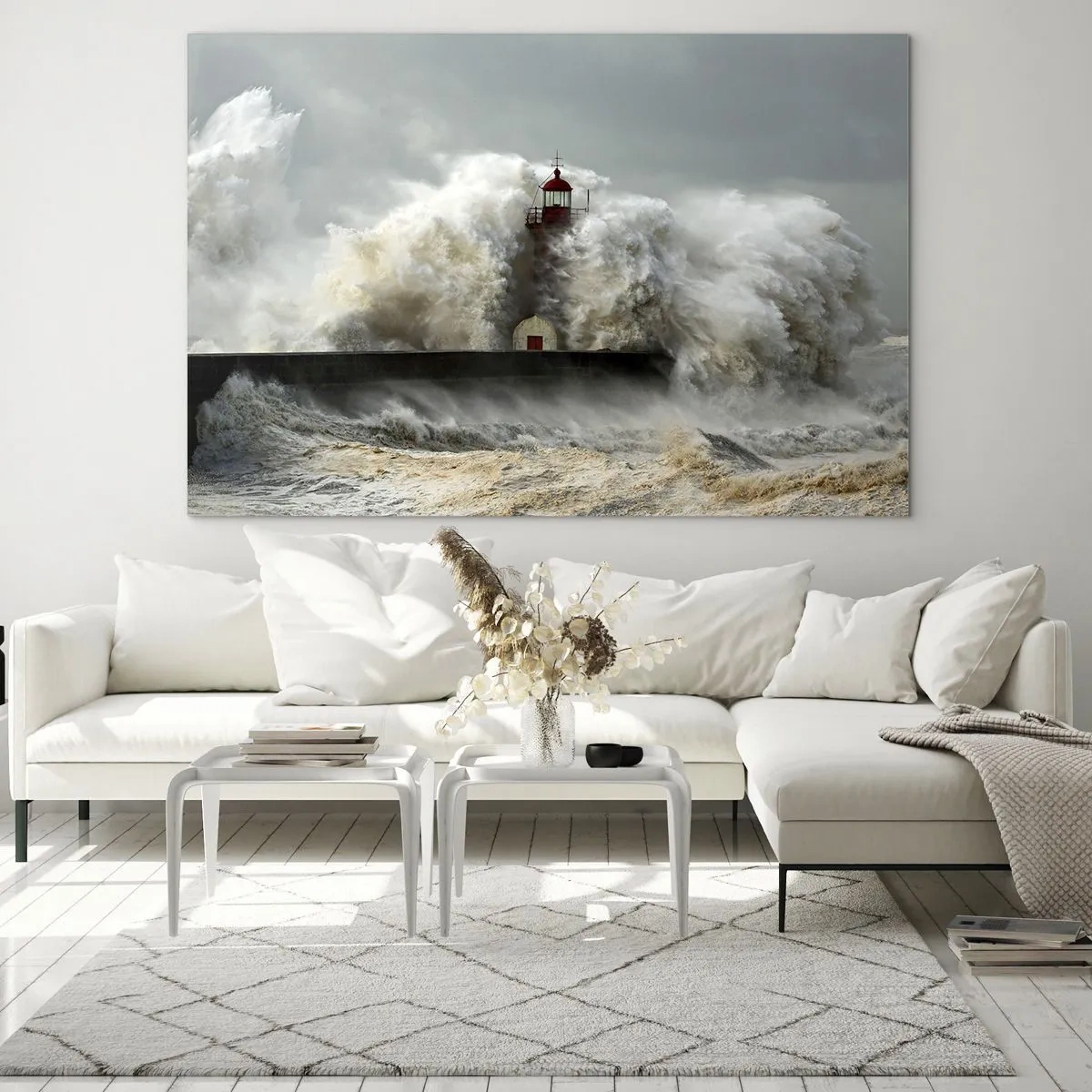 Impression sur verre - Image sur verre - Un phare entouré de vagues puissantes - 120x80cm - La colère de l'océan - Décoration murale moderne pour le salon et la chambre ARTTOR