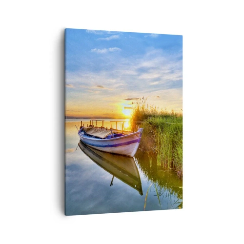 Impression sur toile - Image sur toile - Un bateau dans une baie tranquille au coucher du soleil - 50x70cm - La crique où les rêves deviennent réalité - Décoration murale moderne pour le salon et la chambre ARTTOR