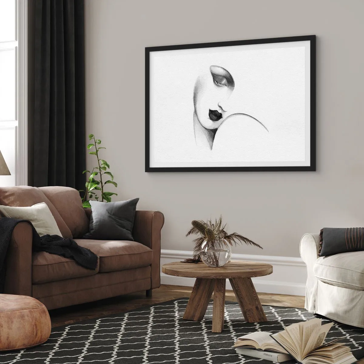 Affiche dans un cadre noir - Poster - Un portrait subtil d'une femme dans un style monochrome - 70x50cm - Dans le style de Lempicka - Décoration murale moderne pour le salon et la chambre ARTTOR