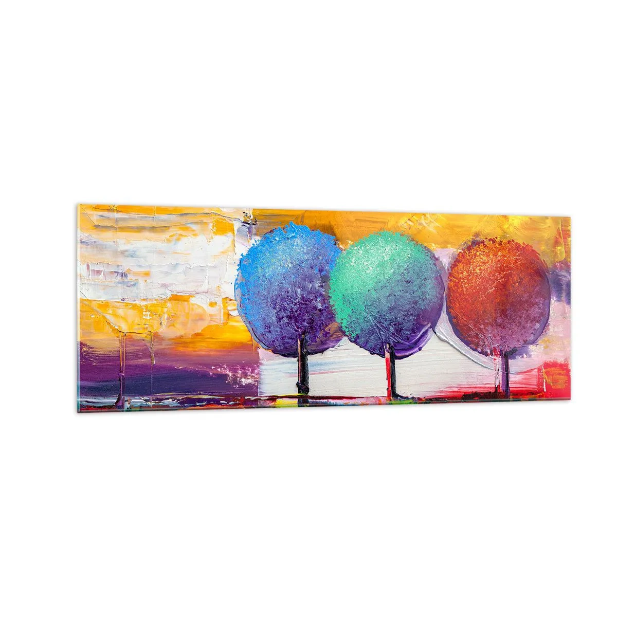 Impression sur verre - Image sur verre - Trois arbres colorés sur un fond abstrait - 140x50cm - Art jusqu'à trois - Décoration murale moderne pour le salon et la chambre ARTTOR