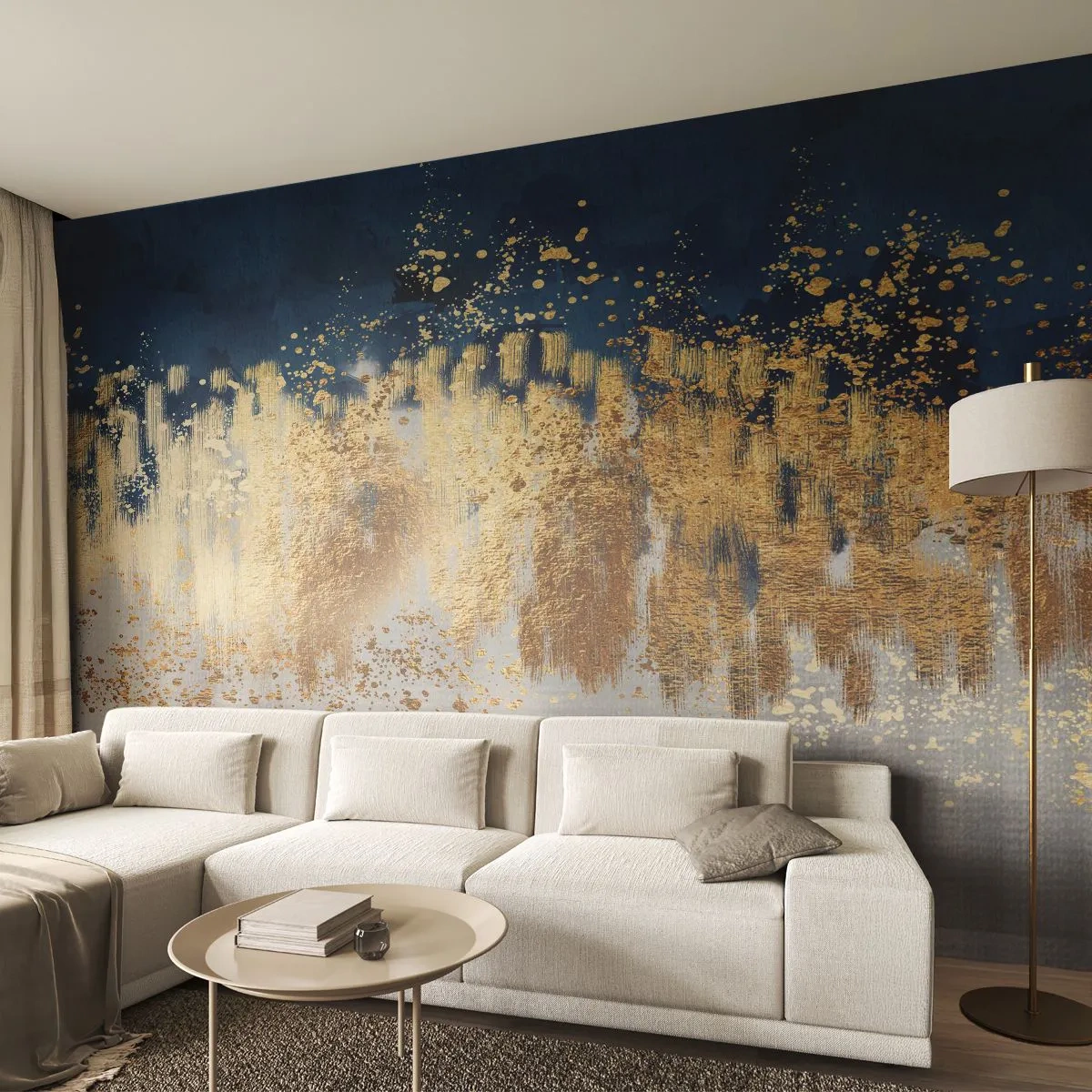 Papier Peint Photo Premium Sand - Des accents dorés sur un fond bleu marine et une texture argentée - 100x70cm - Une composition moderne et pétillante - Décoration murale moderne pour le salon et la chambre ARTTOR
