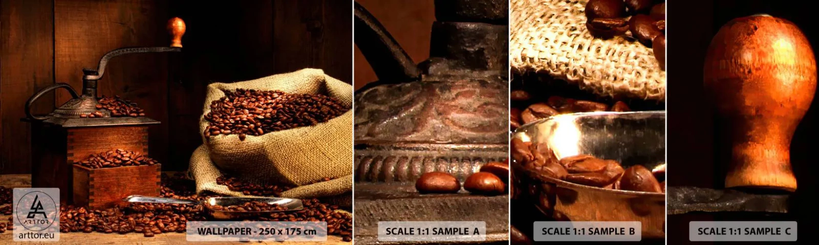 Échantillon de Papier Peint Autocollant Deluxe Sticker - Nature morte avec grains de café et moulin - La gastronomie, Café, Moulin à café - 100x30 cm