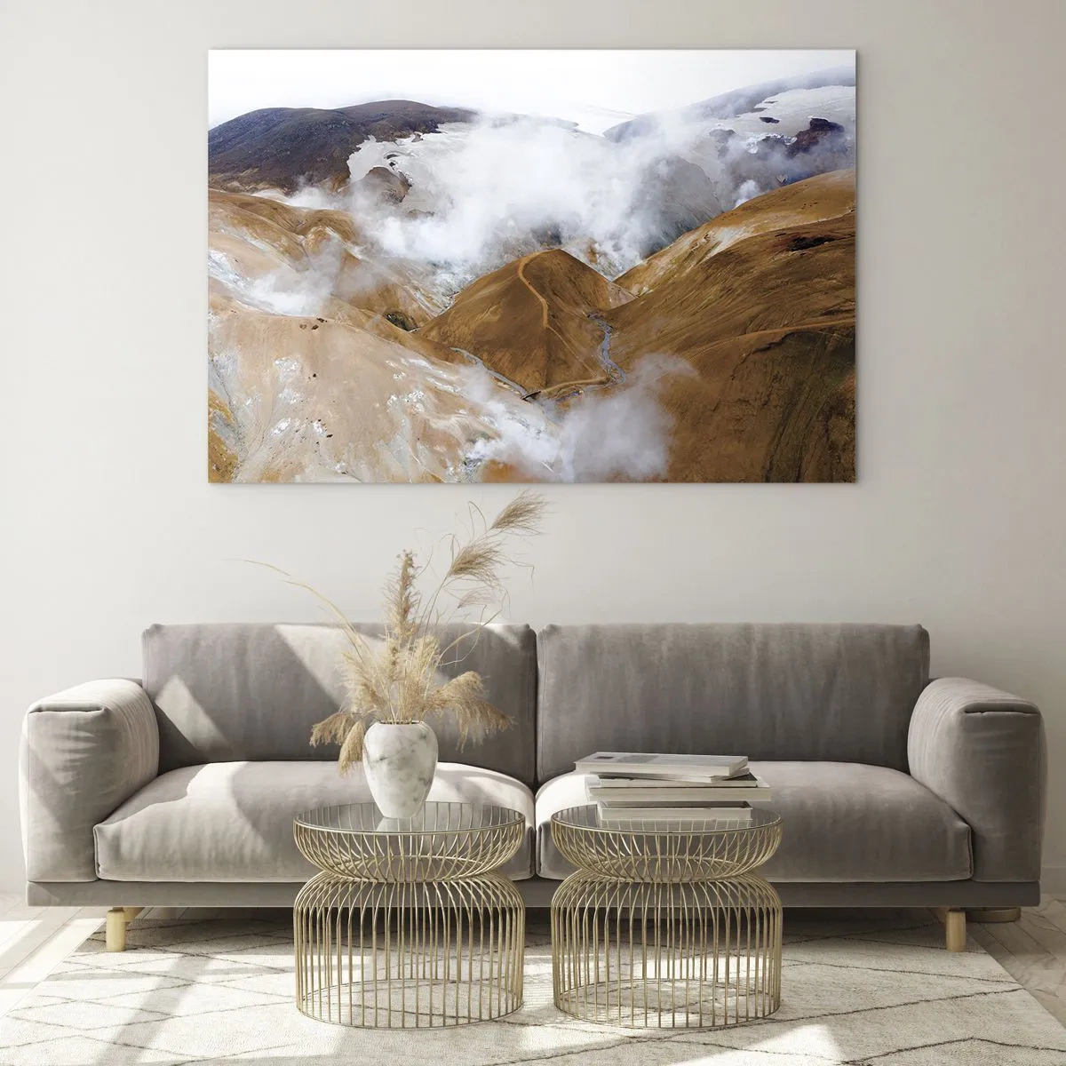 Impression sur verre - Image sur verre - Vue aérienne des collines et vallées islandaises fumantes - 100x70cm - Le charme brut de l'Islande - Décoration murale moderne pour le salon et la chambre ARTTOR