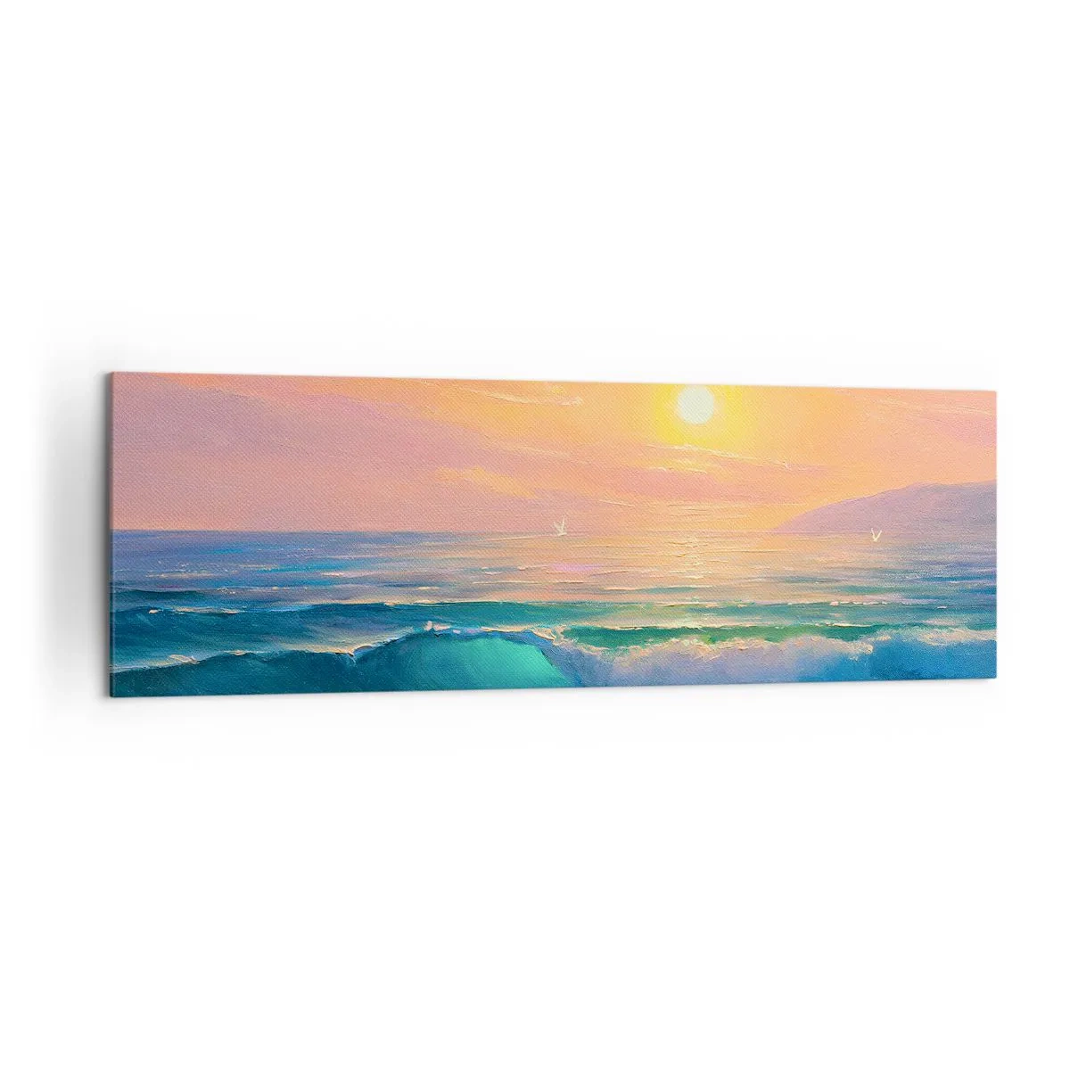Impression sur toile - Image sur toile - Paysage marin avec coucher de soleil - 160x50cm - Le chant turquoise des vagues - Décoration murale moderne pour le salon et la chambre ARTTOR