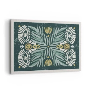 Impression sur toile - Image sur toile - Motif végétal symétrique sur fond vert - 100x70cm - Comme une découpe folklorique - Décoration murale moderne pour le salon et la chambre ARTTOR