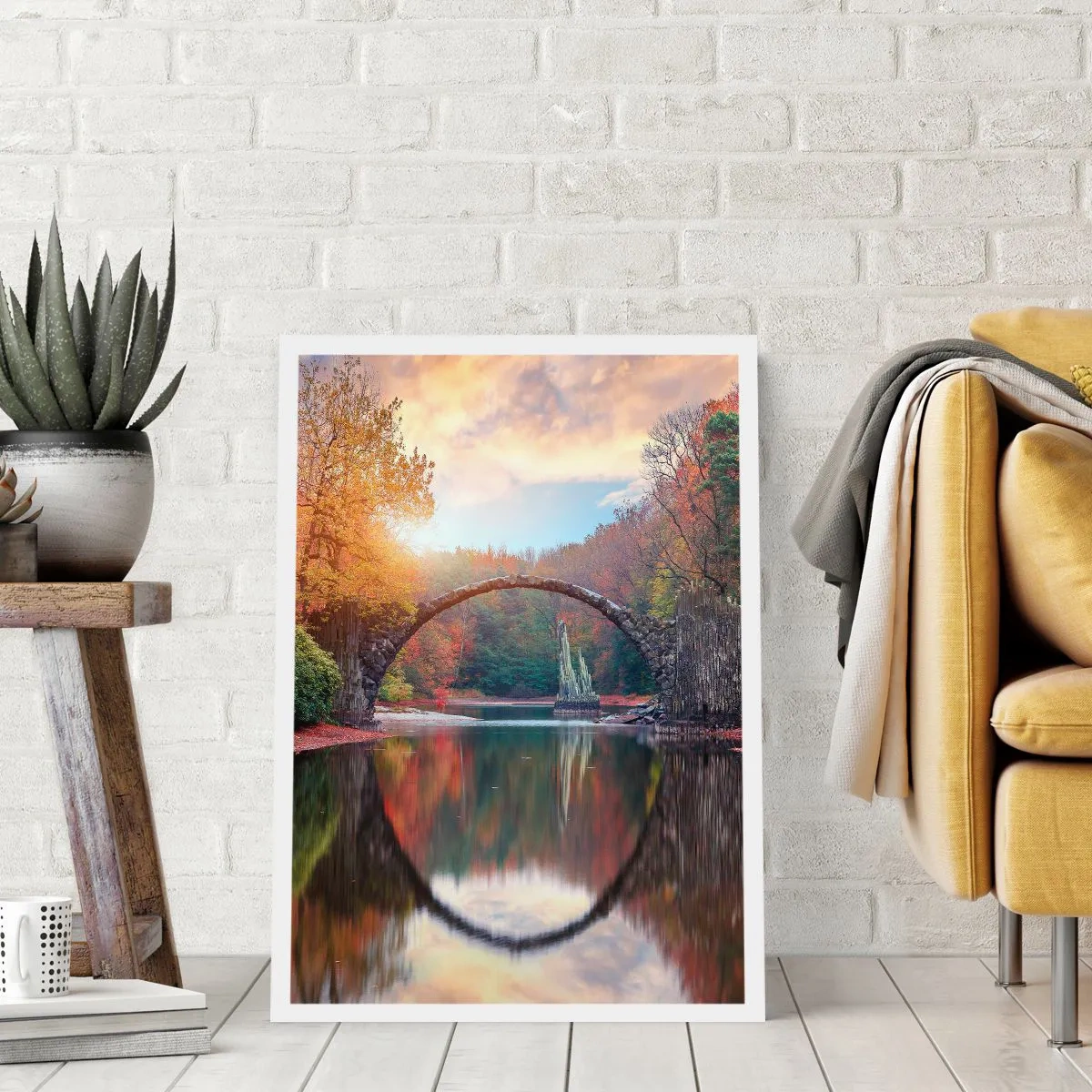 Affiche - Poster - Un pont de pierre sur un lac dans un paysage d'automne - 50x70cm - De l'autre cote du miroir - Décoration murale moderne pour le salon et la chambre ARTTOR