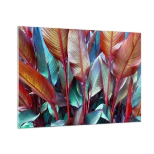 Impression sur verre - Image sur verre - Un fourré coloré de feuilles dans des tons de rouge, de vert et de violet - 100x70cm - Un fourré coloré - Décoration murale moderne pour le salon et la chambre ARTTOR
