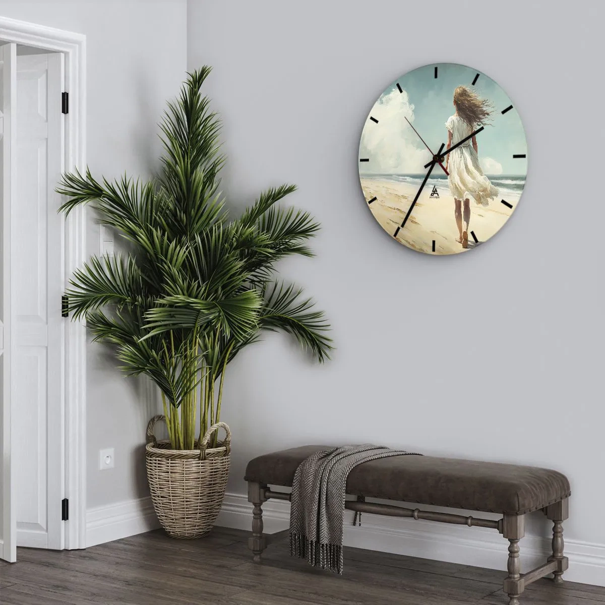 Horloge murale - Pendule murale - Une femme en robe blanche marchant pieds nus sur la plage - 30x30cm - Pour rencontrer le soleil et le vent - Décoration murale moderne pour le salon, la cuisine et la chambre ARTTOR