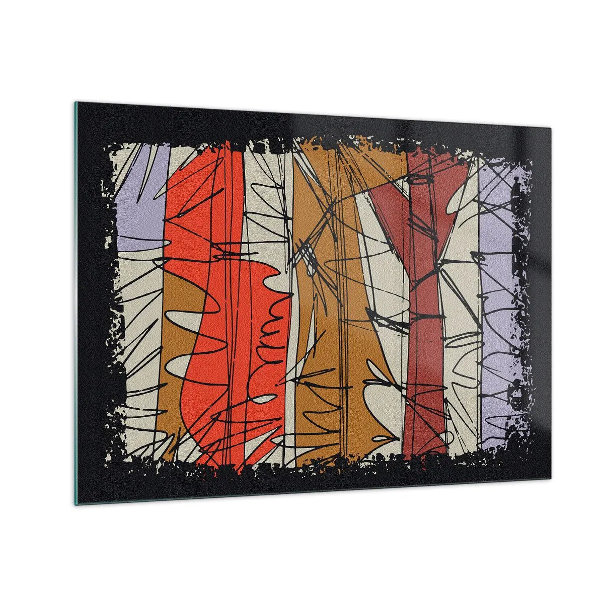 Impression sur verre - Image sur verre - Abstraction graphique avec des rayures colorées et des lignes noires - 70x50cm - Composition spontanée - Décoration murale moderne pour le salon et la chambre ARTTOR