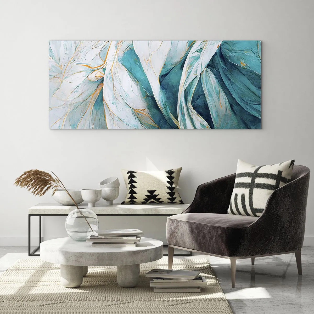 Impression sur verre - Image sur verre - Feuilles bleues abstraites avec des détails dorés - 160x50cm - Abstraction bleue avec un motif doré - Décoration murale moderne pour le salon et la chambre ARTTOR