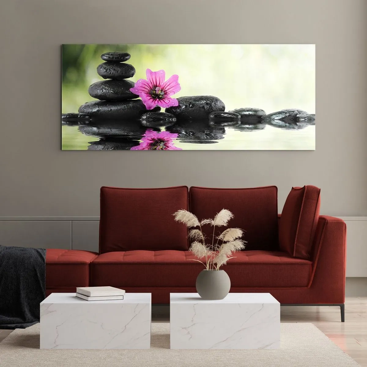 Impression sur verre - Image sur verre - Des pierres zen et une fleur rose se reflétant dans l'eau - 140x50cm - Temps pour l'âme - Décoration murale moderne pour le salon et la chambre ARTTOR