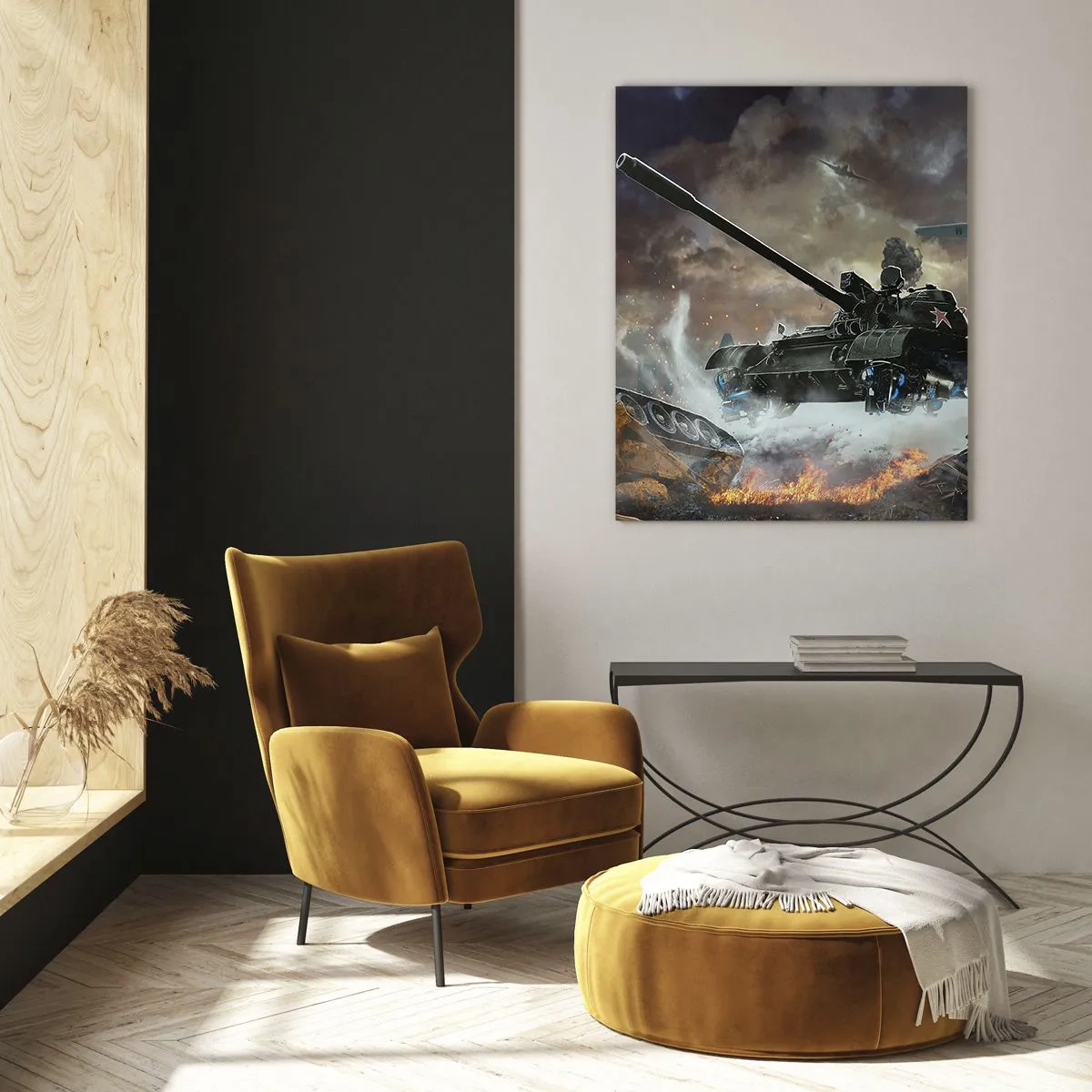 Impression sur verre - Image sur verre - Scène de bataille avec des chars et des avions en arrière-plan - 70x100cm - La bataille est terrible et belle - Décoration murale moderne pour le salon et la chambre ARTTOR