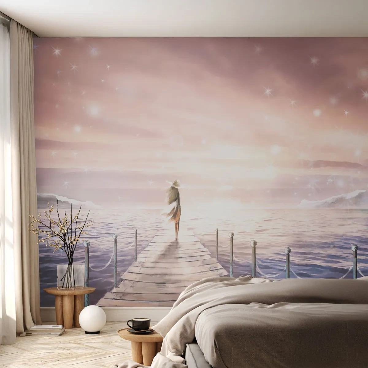 Papier Peint Photo Premium Sand - Femme sur la jetée à la lumière de l'horizon - 100x70cm - A la lumière d'un rêve - Décoration murale moderne pour le salon et la chambre ARTTOR