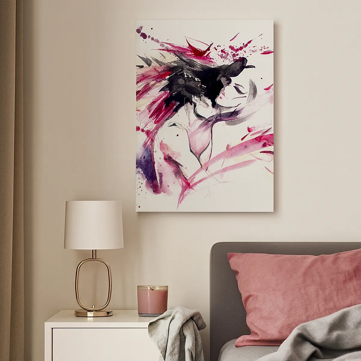 Impression sur toile - Image sur toile - Portrait abstrait d'une femme aux accents rouges dynamiques - 50x70cm - Un accomplissement amoureux - Décoration murale moderne pour le salon et la chambre ARTTOR