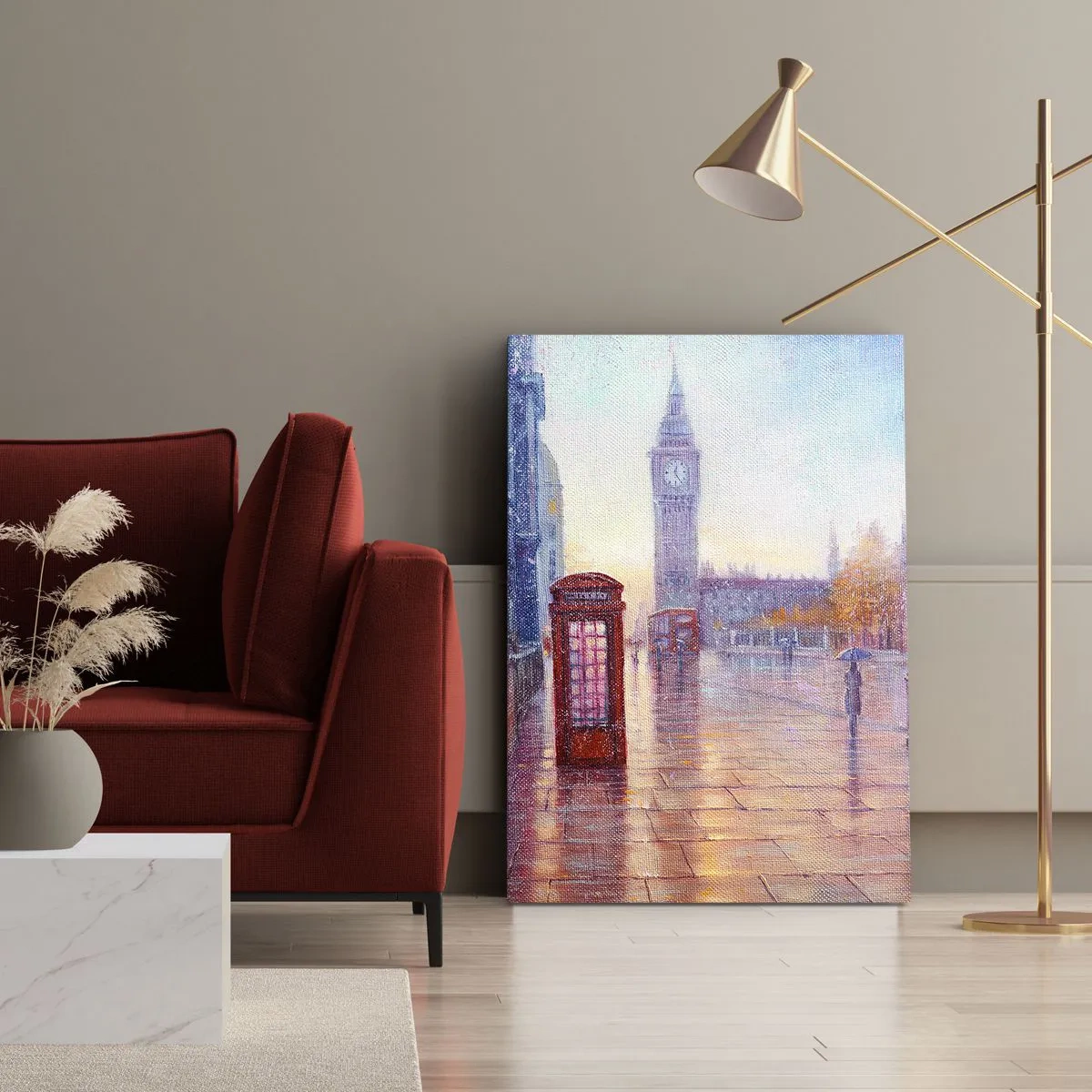 Impression sur toile - Image sur toile - Rue de Londres avec Big Ben un jour de pluie - 50x70cm - Jour automnal londonien - Décoration murale moderne pour le salon et la chambre ARTTOR