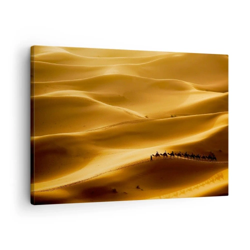 Impression sur toile - Image sur toile - Une caravane de chameaux errant à travers les dunes dorées du désert. - 70x50cm - Caravane sur les vagues du désert - Décoration murale moderne pour le salon et la chambre ARTTOR