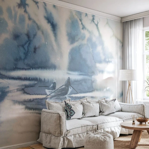 Papier Peint Photo Premium Sand - Scène à l'aquarelle de pêcheurs sur un lac calme - 100x70cm - Les pêcheurs dans leur paradis - Décoration murale moderne pour le salon et la chambre ARTTOR