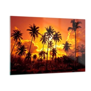 Impression sur verre - Image sur verre - Palmiers sur fond de coucher de soleil flamboyant - 120x80cm - Montagnes en feu, forêts en feu - Décoration murale moderne pour le salon et la chambre ARTTOR
