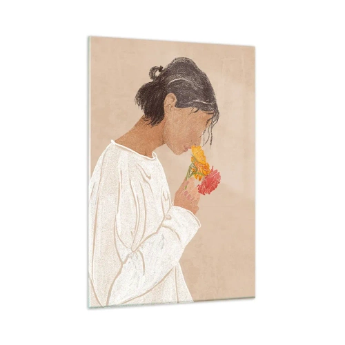 Impression sur verre - Image sur verre - Fille et fleurs - 80x120 cm