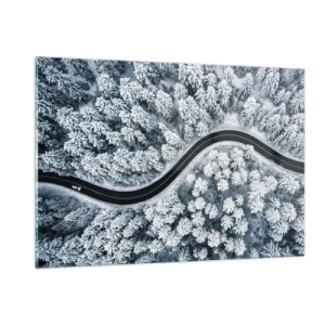 Impression sur verre - Image sur verre - Une route sinueuse à travers une forêt hivernale vue depuis un drone - 120x80cm - À travers une forêt d'hiver - Décoration murale moderne pour le salon et la chambre ARTTOR