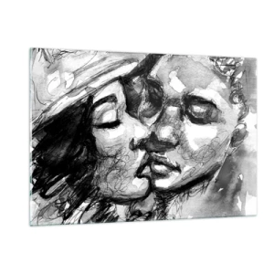 Impression sur verre - Image sur verre - Croquis en noir et blanc d'un tendre baiser - 120x80cm - Un moment tendre - Décoration murale moderne pour le salon et la chambre ARTTOR