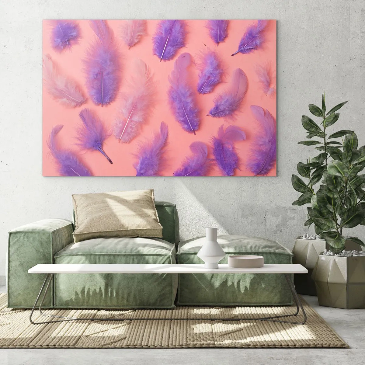 Impression sur verre - Image sur verre - Plumes violettes sur fond rose dans une composition délicate - 100x70cm - Oiseau de désir lilas - Décoration murale moderne pour le salon et la chambre ARTTOR