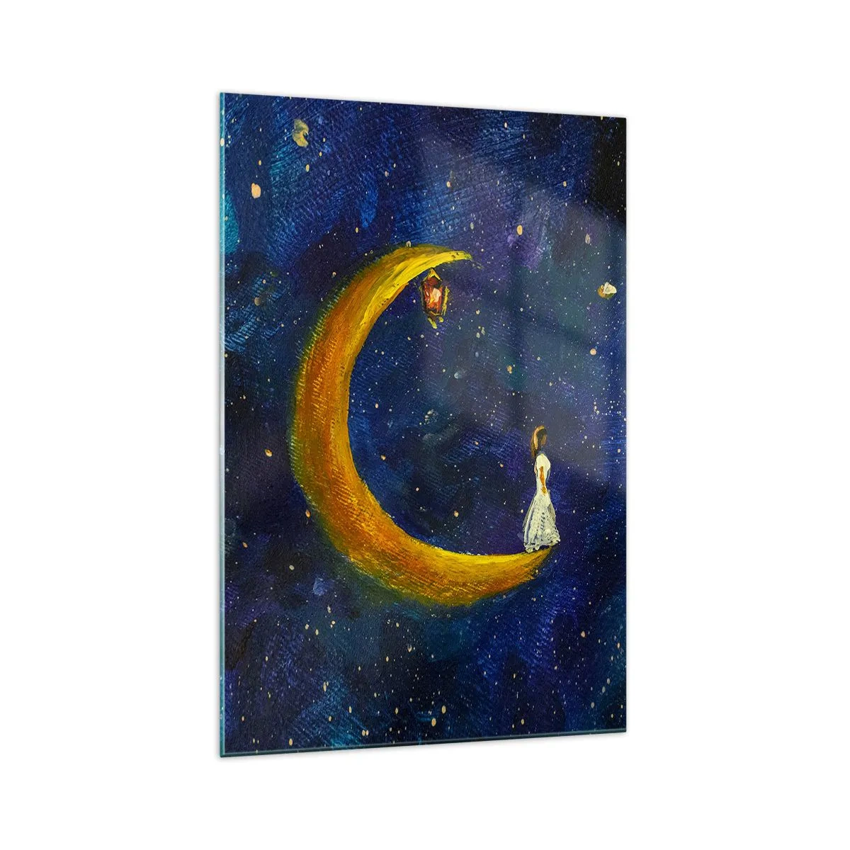 Impression sur verre - Image sur verre - Une fille debout sur la lune dans un ciel étoilé - 70x100cm - Appel du monde - Décoration murale moderne pour le salon et la chambre ARTTOR