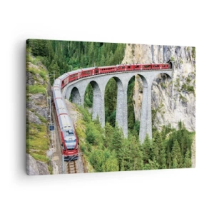 Impression sur toile - Image sur toile - Un train sur un viaduc pittoresque dans un paysage montagneux - 70x50cm - Chemin de fer avec vue sur la montagne - Décoration murale moderne pour le salon et la chambre ARTTOR