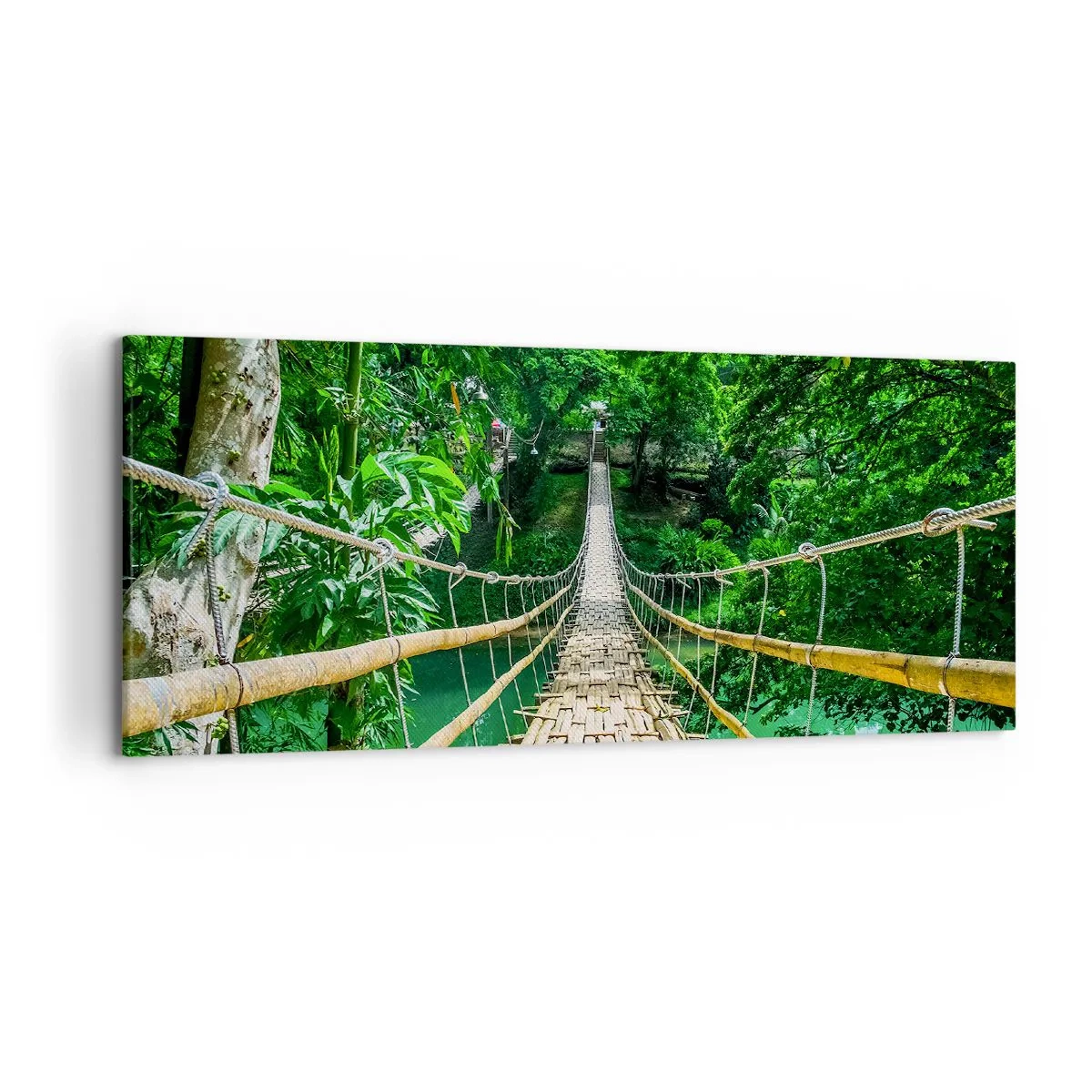 Impression sur toile - Image sur toile - Un pont suspendu en bambou entouré de verdure - 120x50cm - Pont de singe en pleine nature - Décoration murale moderne pour le salon et la chambre ARTTOR