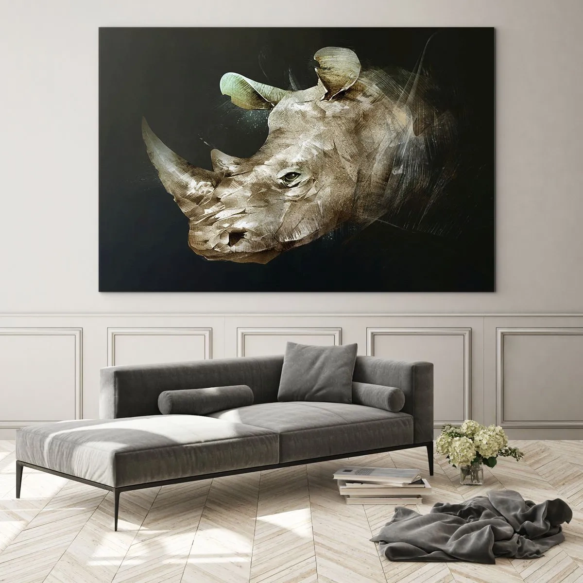 Impression sur verre - Image sur verre - Représentation artistique d'une tête de rhinocéros sur fond sombre - 100x70cm - La force vraiment masculine - Décoration murale moderne pour le salon et la chambre ARTTOR