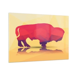 Impression sur verre - Image sur verre - Bison géométrique aux couleurs chaudes - 100x70cm - La force amarante du bison - Décoration murale moderne pour le salon et la chambre ARTTOR