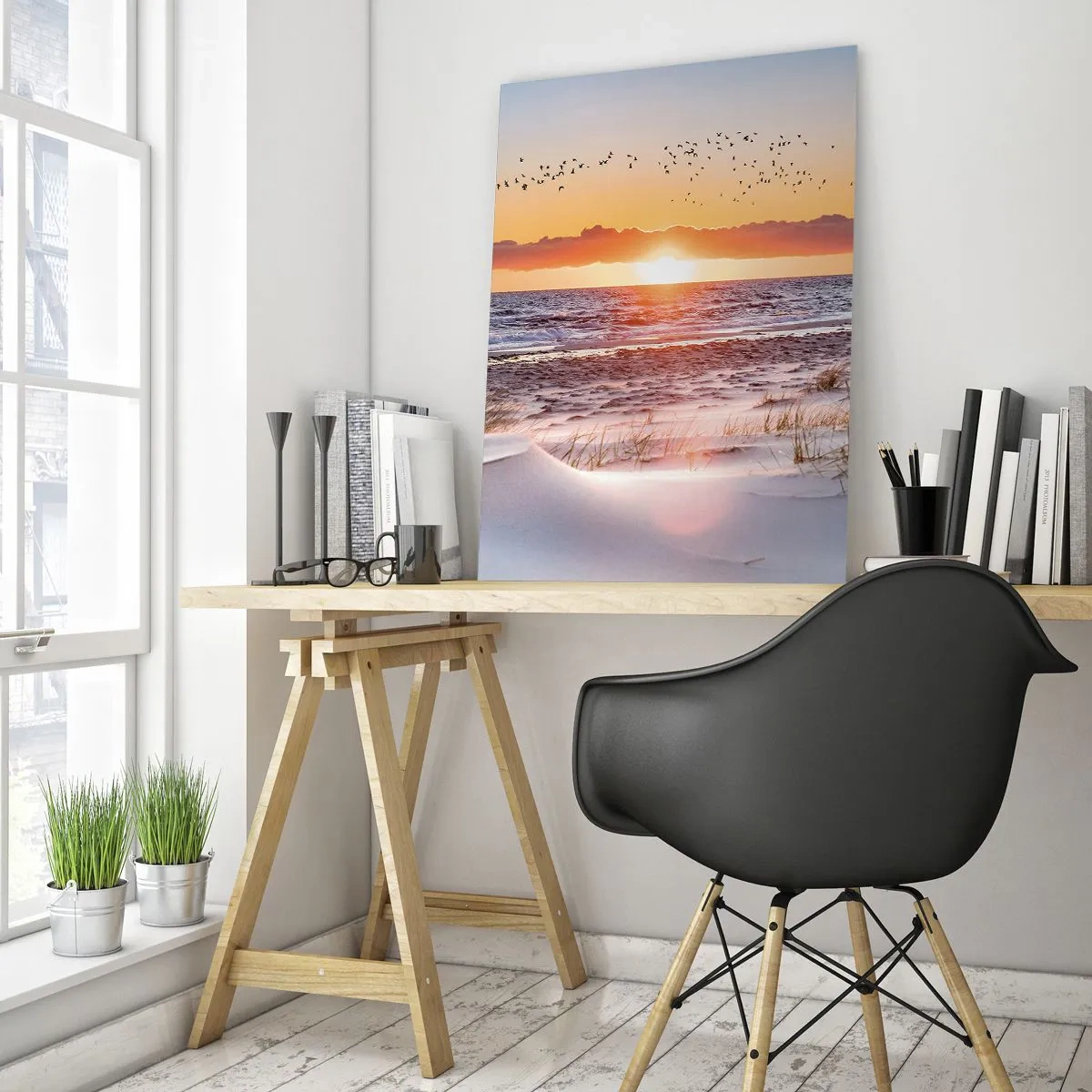 Impression sur verre - Image sur verre - Coucher de soleil sur la mer avec vue sur les dunes - 80x120cm - Paysage horizontal - Décoration murale moderne pour le salon et la chambre ARTTOR