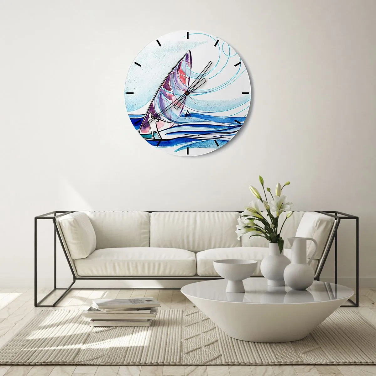 Horloge murale - Pendule murale - Un voilier sur une mer agitée dans une forme dynamique et abstraite - 30x30cm - Avec le vent au rythme des vagues - Décoration murale moderne pour le salon, la cuisine et la chambre ARTTOR