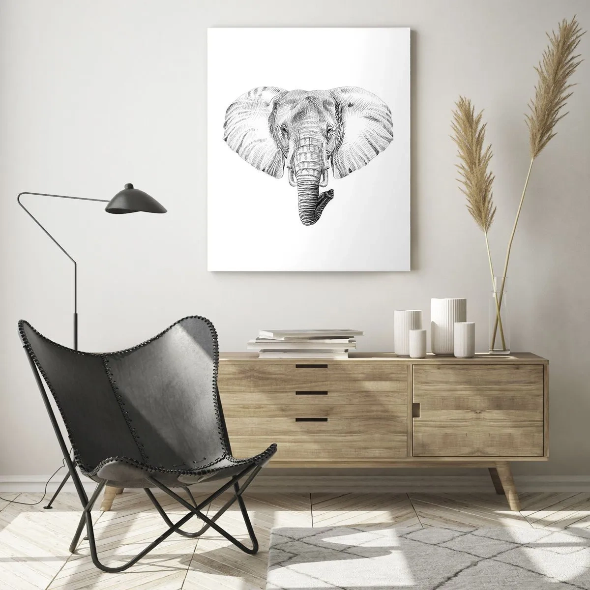 Impression sur verre - Image sur verre - Dessin en noir et blanc d'une tête d'éléphant sur fond blanc - 80x120cm - "Un éléphant ça trompe bien souvent" - Décoration murale moderne pour le salon et la chambre ARTTOR