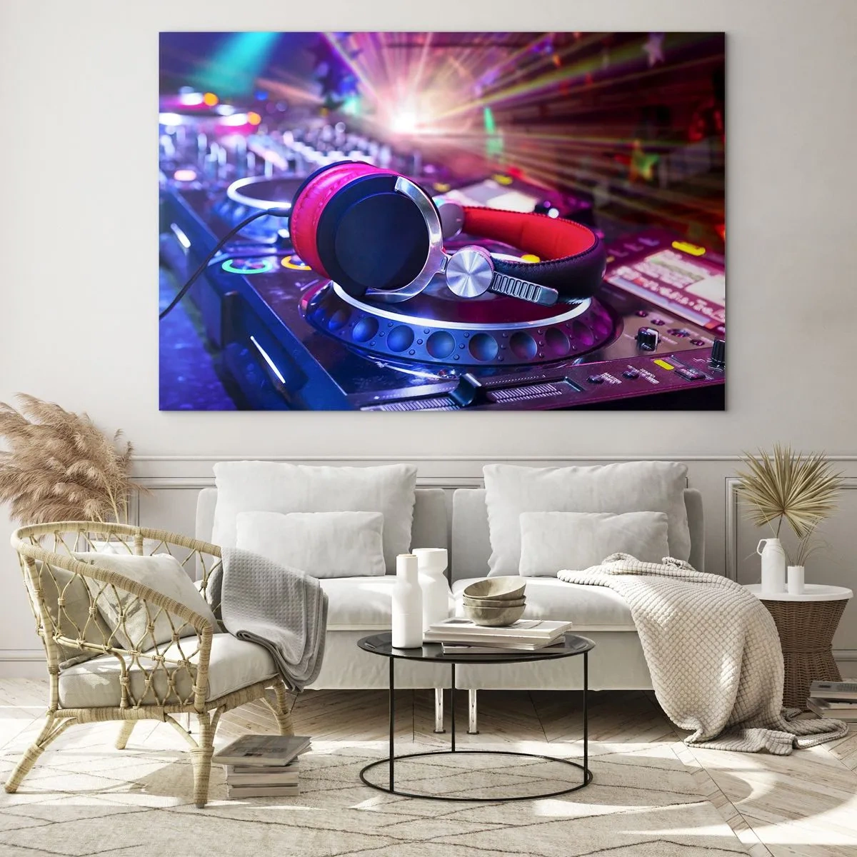 Impression sur verre - Image sur verre - Équipement DJ avec lumières colorées et casque - 70x50cm - Il va s'en passer des choses - Décoration murale moderne pour le salon et la chambre ARTTOR