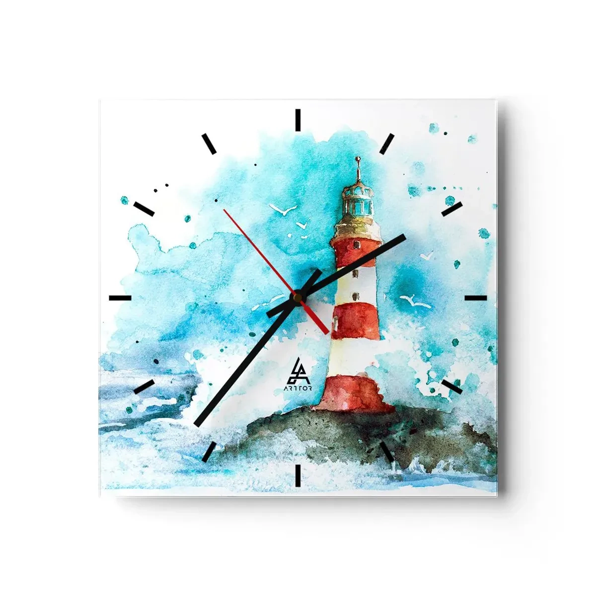 Horloge murale - Pendule murale - Un phare dans un décor aquarelle sur fond bleu - 30x30cm - Unité des éléments - Décoration murale moderne pour le salon et la chambre ARTTOR