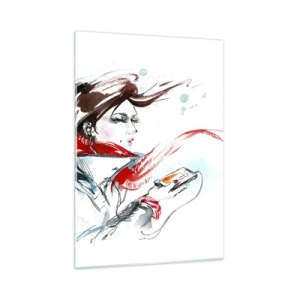 Impression sur verre - Image sur verre - Une femme portant un foulard rouge avec des détails dynamiques et esquissés. - 50x70cm - Quelque chose se passe en moi - Décoration murale moderne pour le salon et la chambre ARTTOR