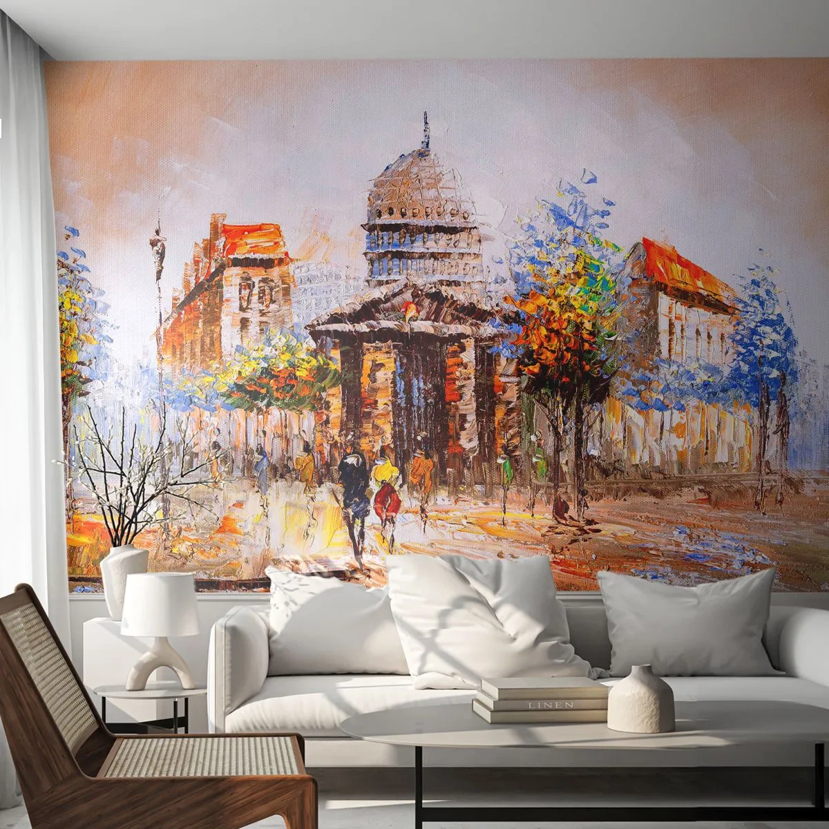 Papier Peint Photo Standard Eco - Panorama impressionniste de la ville avec le dôme et les gens - 100x70cm - Promenade à Paris - Décoration murale moderne pour le salon et la chambre ARTTOR