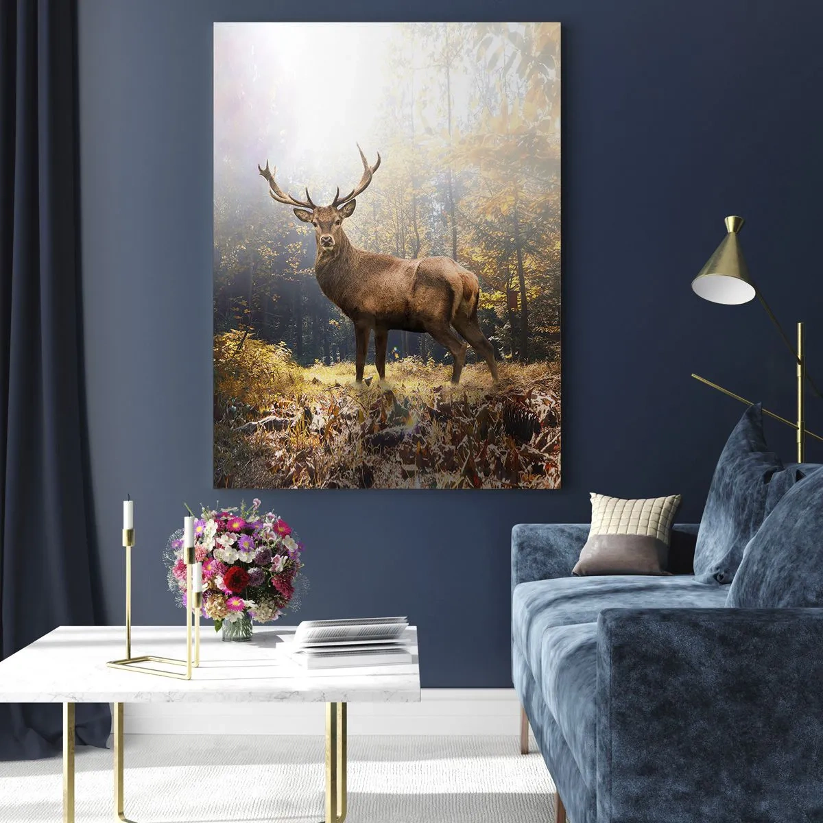 Impression sur verre - Image sur verre - Un cerf majestueux dans une forêt d'automne ensoleillée - 50x70cm - Toute sa majesté - Décoration murale moderne pour le salon et la chambre ARTTOR