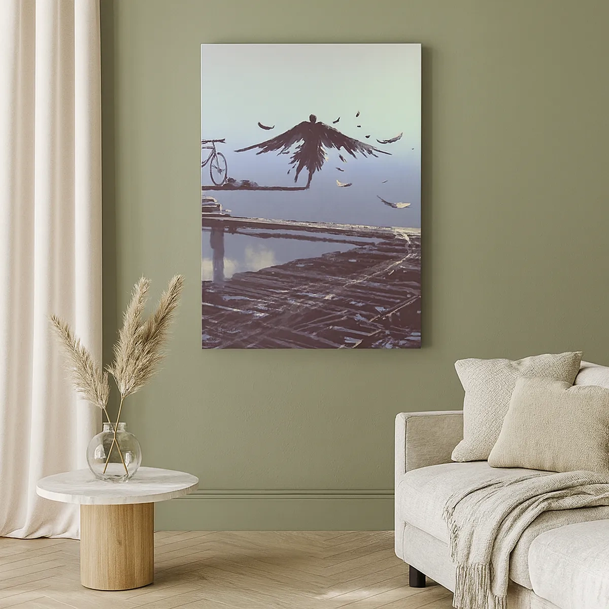 Impression sur toile - Image sur toile - Une silhouette avec des plumes plane au-dessus d'un pont en bois à côté d'un vélo. - 50x70cm - Icare est toujours vivant - Décoration murale moderne pour le salon et la chambre ARTTOR