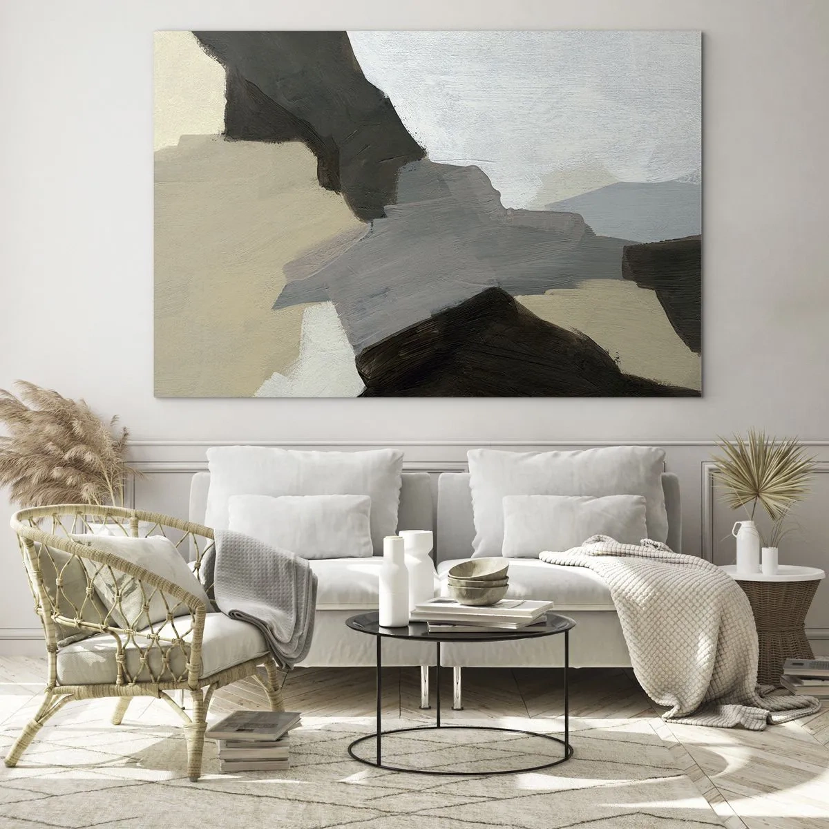 Impression sur verre - Image sur verre - Une composition abstraite moderne dans des tons de gris - 70x50cm - Abstraction : le carrefour du gris - Décoration murale moderne pour le salon et la chambre ARTTOR