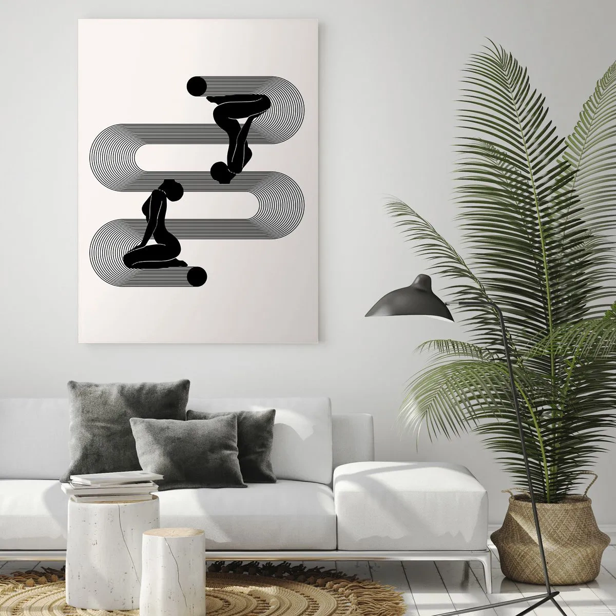 Impression sur verre - Image sur verre - Silhouettes noires avec des lignes géométriques sur fond clair - 70x100cm - Symétrie sensuelle - Décoration murale moderne pour le salon et la chambre ARTTOR