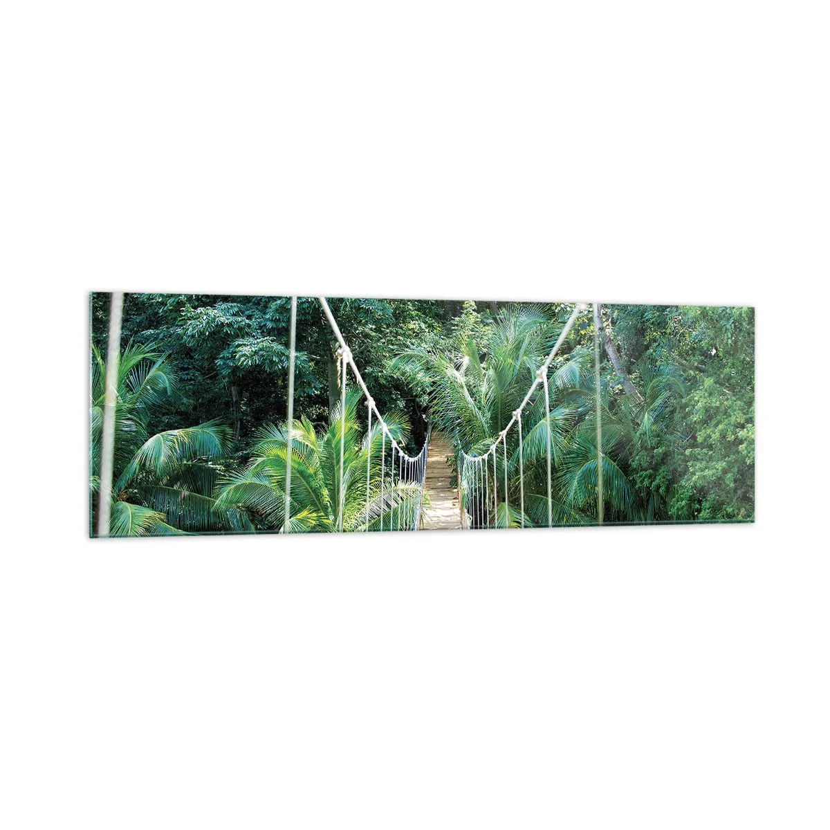 Impression sur verre - Image sur verre - Un pont suspendu dans une jungle tropicale pleine de verdure - 160x50cm - Welcome to the jungle! - Décoration murale moderne pour le salon et la chambre ARTTOR