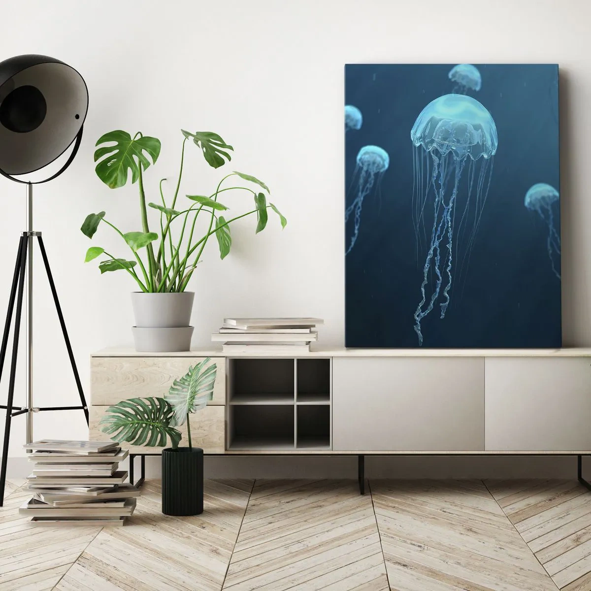 Impression sur toile - Image sur toile - Méduses flottant dans les profondeurs de l'océan dans des tons bleus - 50x70cm - Danse océanique - Décoration murale moderne pour le salon et la chambre ARTTOR